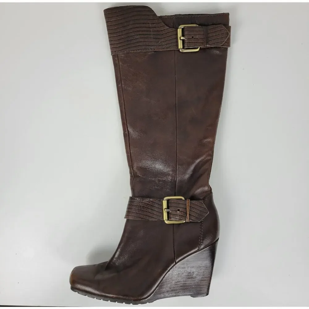 a.n.a. A New Approach Womens Boots 7 Brown Leather Knee High Wedges Heels Buckle